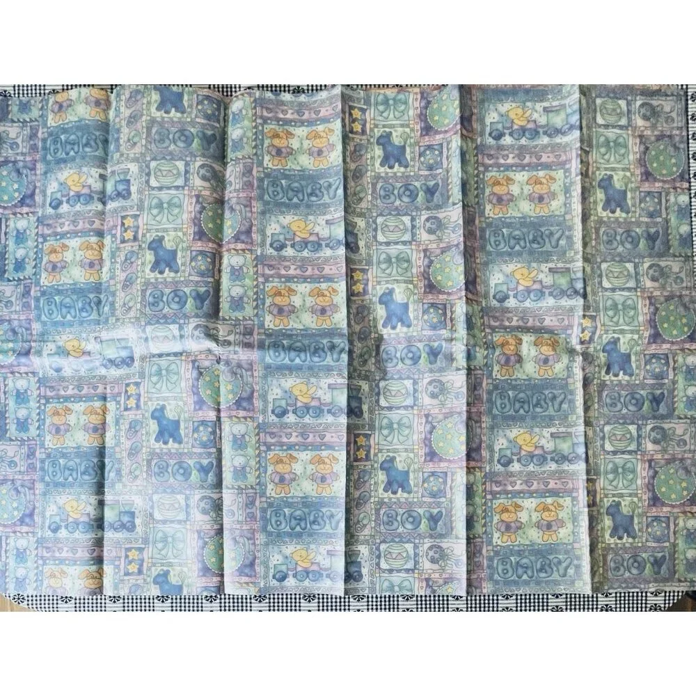 Vintage Baby Boy Gift Wrap Blue Wrapping Paper 2 Full Sheets 39x27 Patchwork